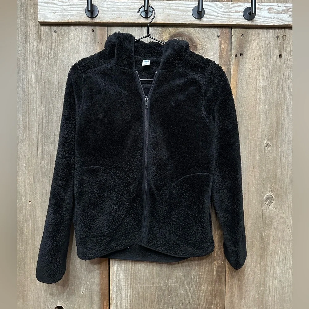 Old Navy Fuzzy Full Zip Hooded Jacket in Black Jack Size XL 14 Girls